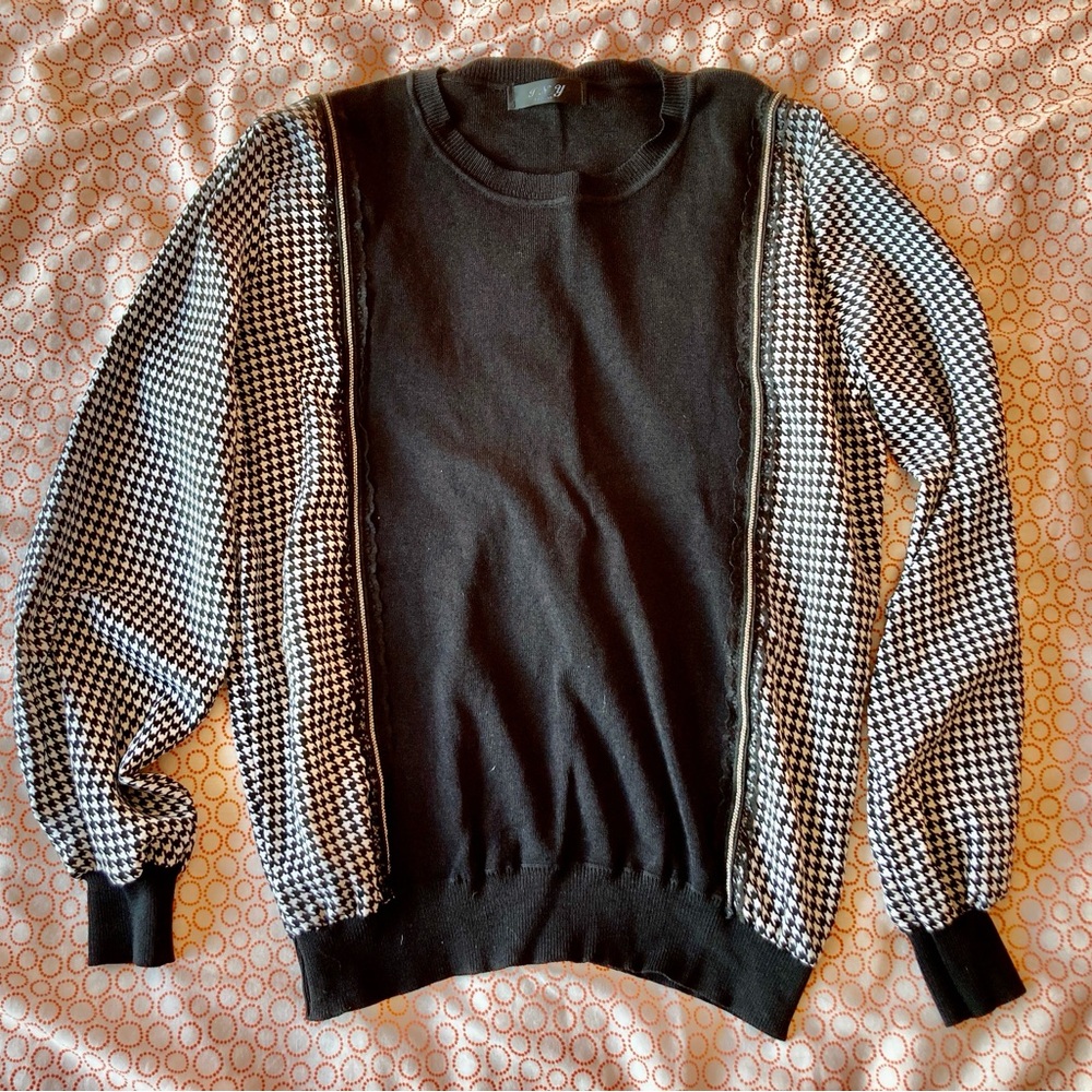 Korean Fashion Houndstooth Check Print Silk Sleeves Lace Black Blouse Sz S